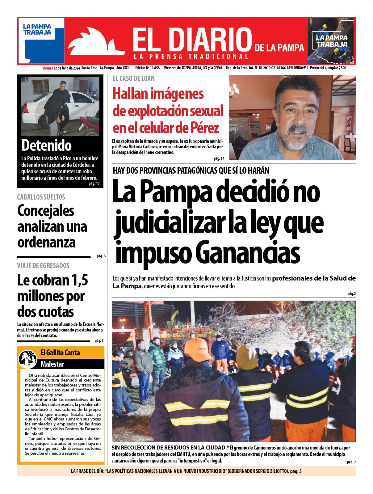 Tapa de El Diario en papel  viernes 12 de julio de 2024